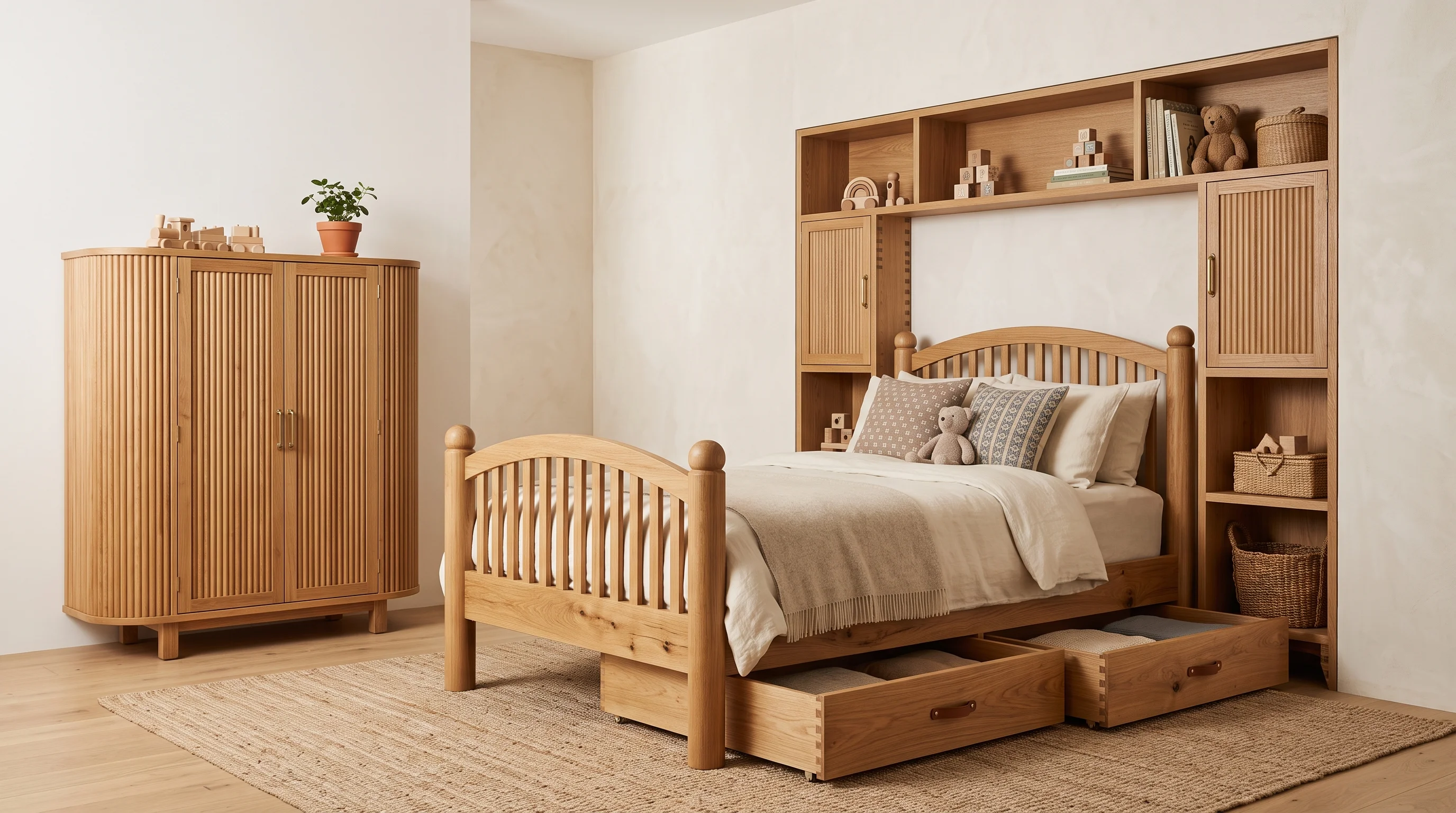 Luxury solid hardwood bunk bed with integrated storage stairs and reading nooks in Doha