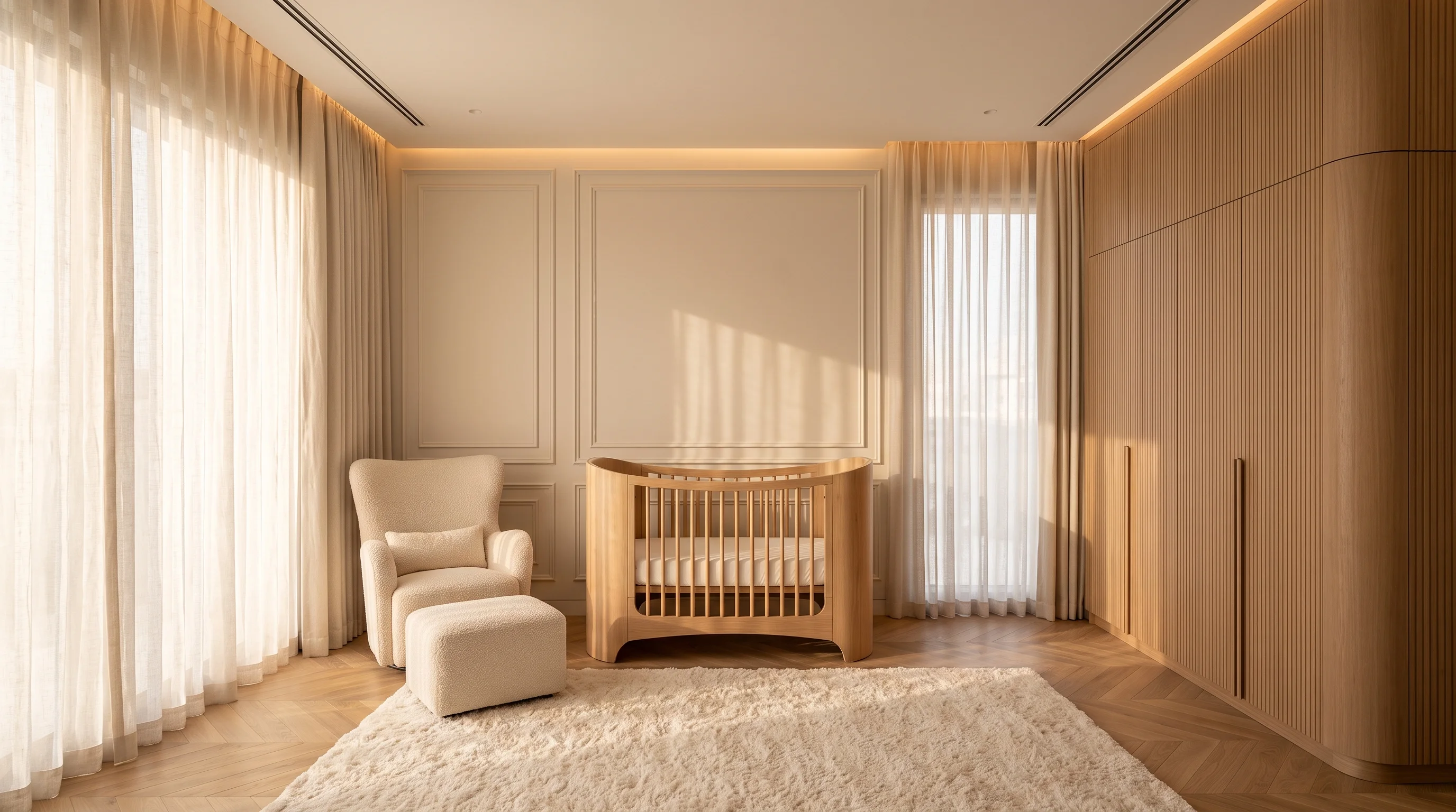 Custom solid oak nursery cot and changing station in a Doha villa