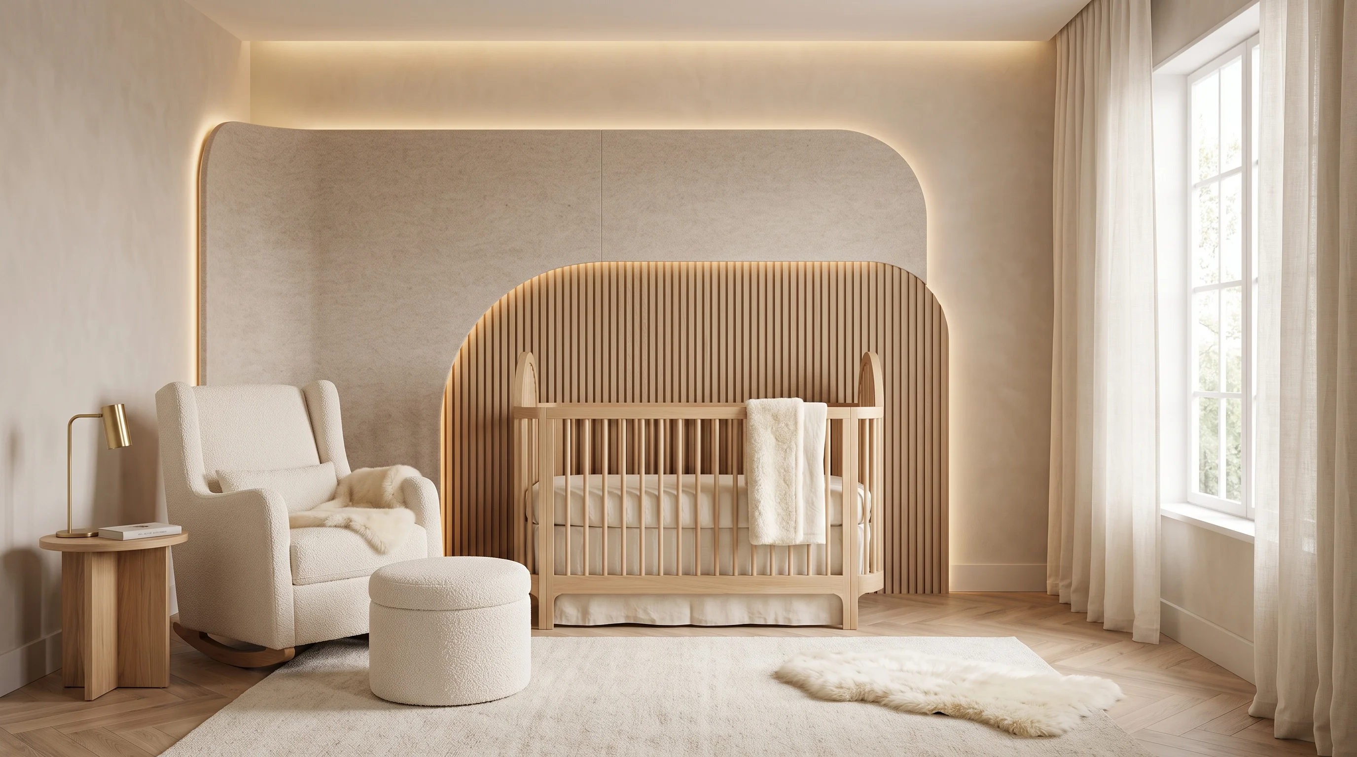 Acoustically buffered nursery in Doha with sound-absorbing wall upholstery and thick wool rug