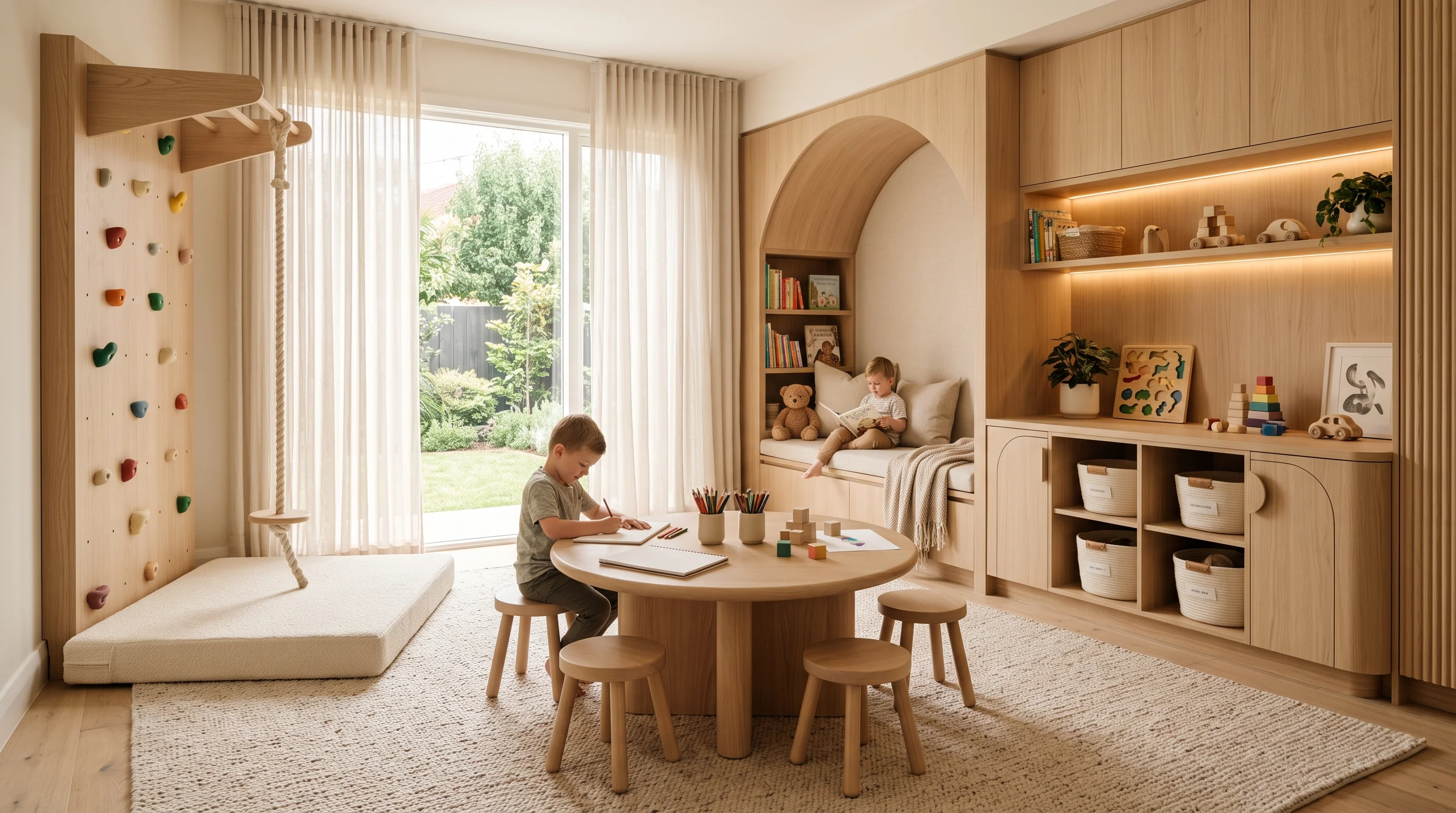 Active playroom with integrated soft flooring zone and climbing wall