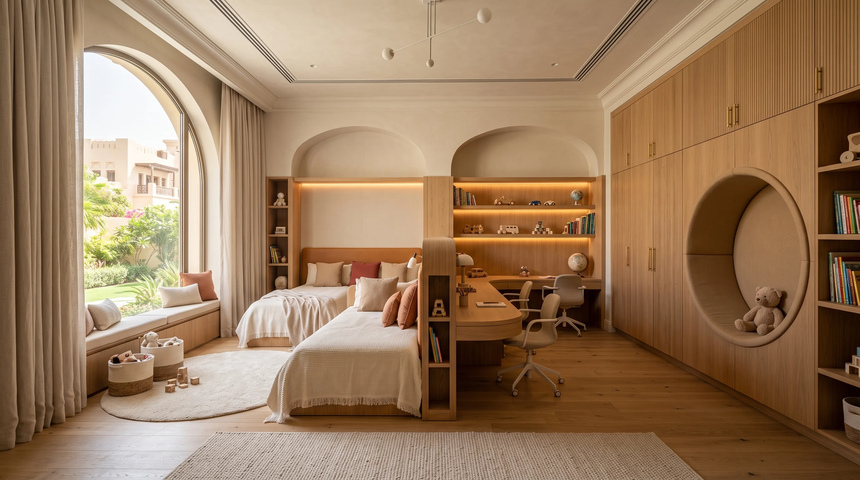 Architectural boys bedroom with natural wood joinery and warm ambient cove lighting in Doha