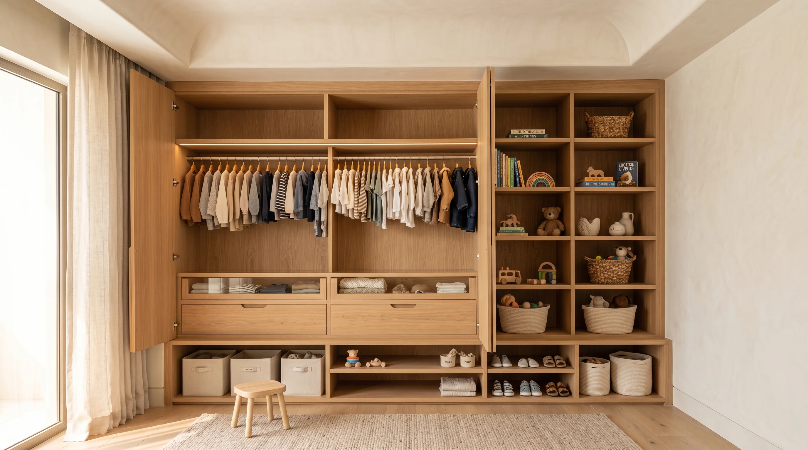 Child safely opening soft-close wardrobe door with concealed German hinges