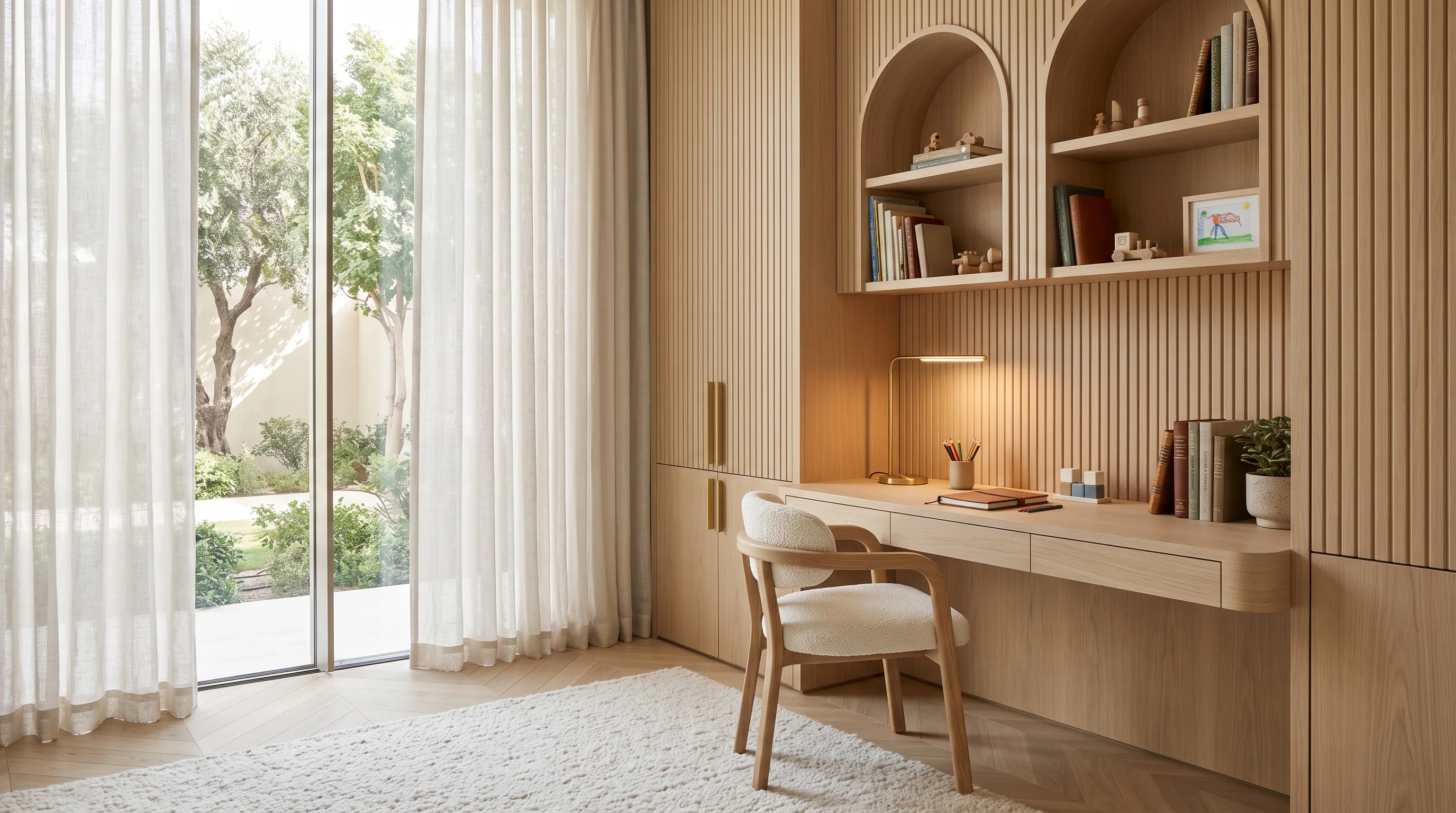Luxury bespoke kids study table with integrated storage and cove lighting in Doha villa