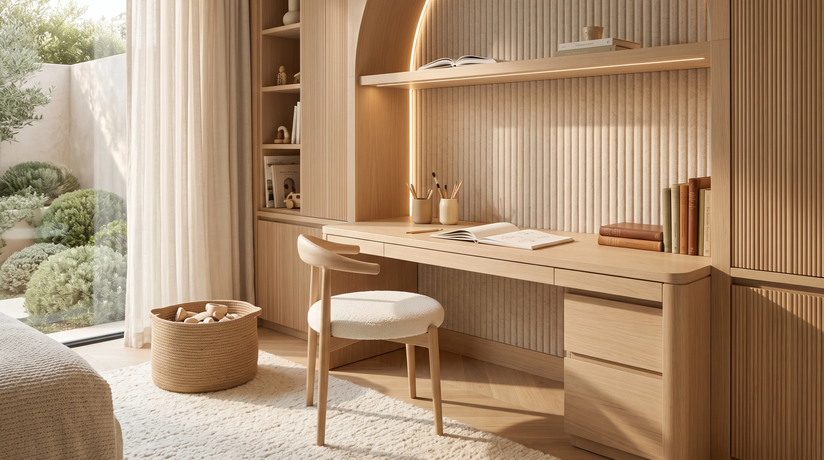 Ergonomic study architecture with posture-aligning joinery and storage
