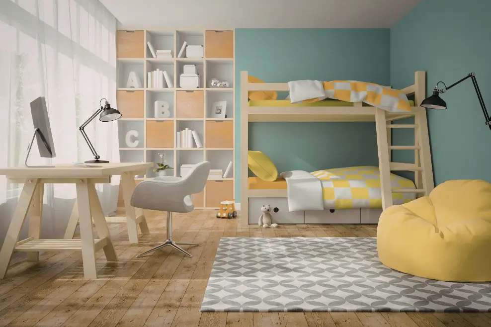 A modern kids study room in Doha with ergonomic furniture and ample natural light.