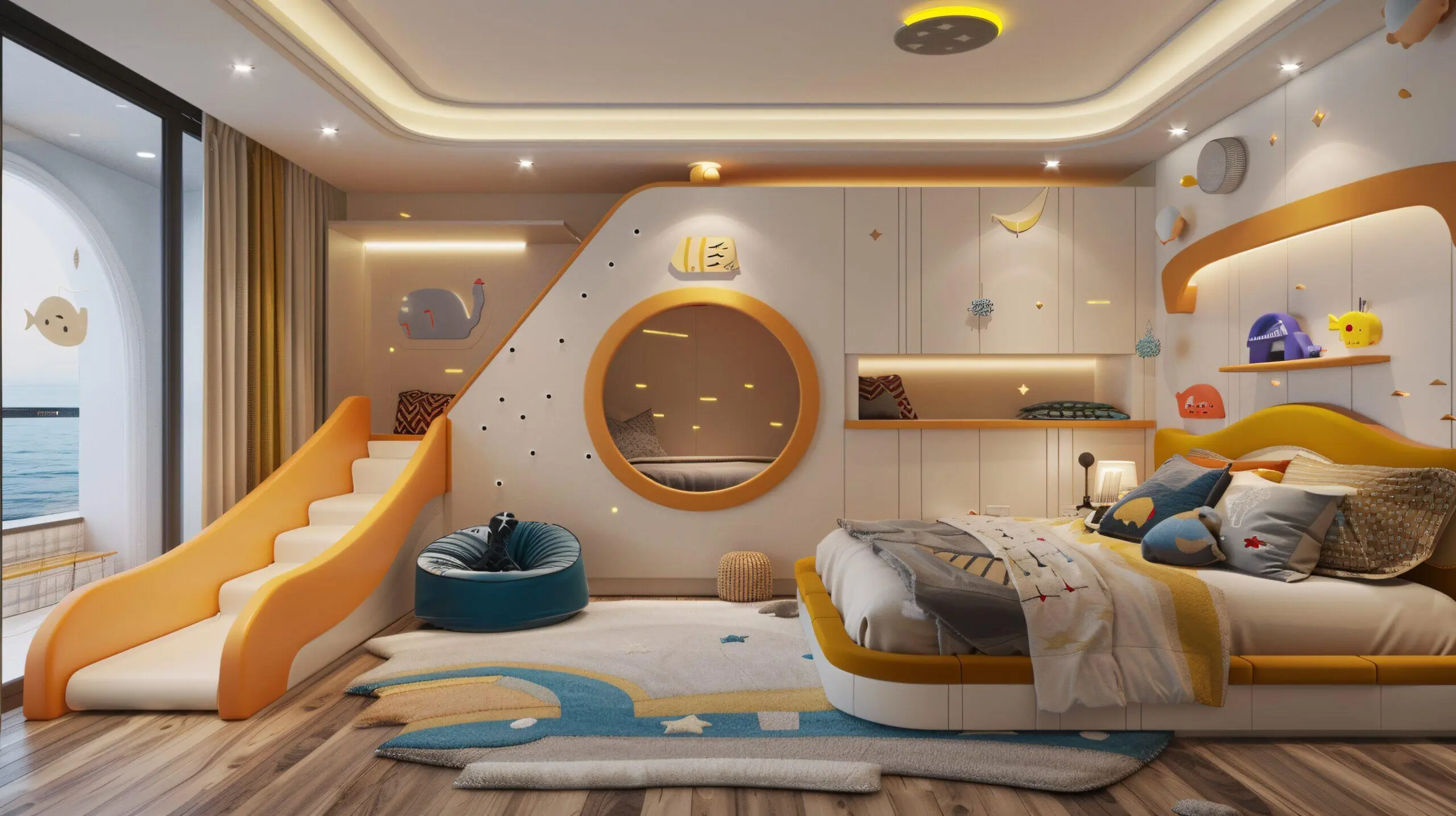 Here are a few options for descriptive ALT text, ranging in detail. Choose the one that best fits the specific visual content of the image and the overall context of your post: **Option 1 (Concise & Direct):** > Modern kids' room interior design in Doha. **Option 2 (Slightly More Descriptive):** > A stylish modern kids' bedroom in Doha, featuring [mention 1-2 key visual elements like "bright colors," "minimalist furniture," "playful decor," or "a loft bed"]. **Option 3 (More Detailed - if the image is rich with specific elements):** > Vibrant and modern interior design for a child's room in Doha, showcasing [mention specific furniture like "a sleek white bunk bed" or "a custom-built desk"], [mention color palette like "with pops of primary colors" or "in calming pastel hues"], and [mention any notable decor like "fun wall art" or "interactive play zones"]. **Option 4 (Focus on Atmosphere/Feeling):** > Inspiring modern interior design for a child's room in Doha, creating a fun and functional space. **Option 5 (Focus on Key Features if they are prominent):** > Modern Doha kids' room with [mention a prominent feature, e.g., "a built-in reading nook" or "a cloud-shaped ceiling light"]. **Key Considerations when choosing:** * **What is the most important visual element in the image?** If it's a specific piece of furniture, a unique color scheme, or a particular layout, highlight that. * **What is the overall mood or style of the room?** Is it playful, serene, educational, or adventurous? * **Is there anything that makes it distinctly "Doha" or "modern" that's visible?** (This might be harder to convey solely through text, but if there are local motifs or very contemporary architectural features, you could hint at it). * **Keep it concise enough to be useful but descriptive enough to convey the image's content.** **Example of how to use it in HTML:** ```html ```