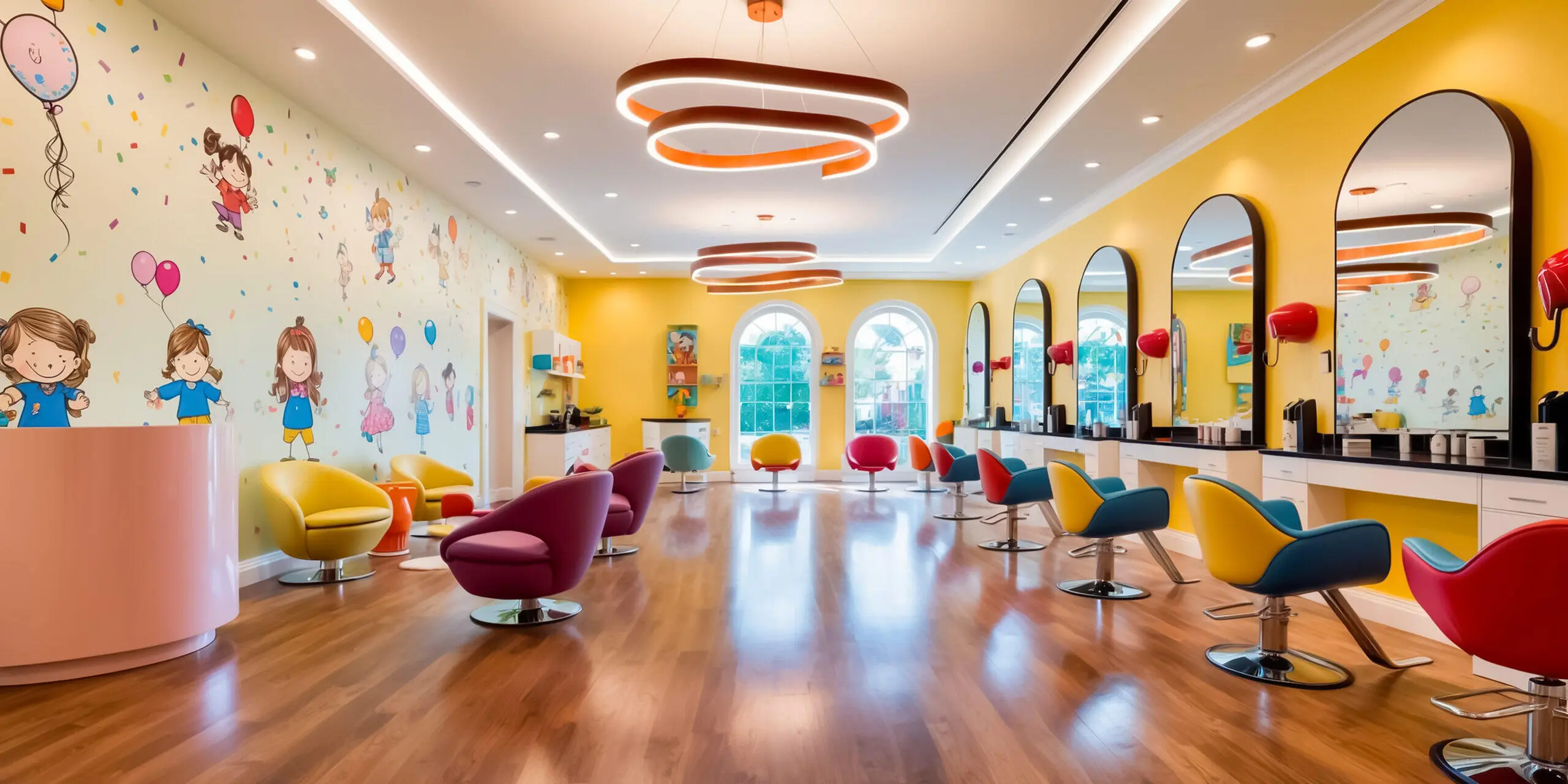 A vibrant and engaging interior design for a kids' salon in Doha, featuring colorful elements and child-friendly furniture.