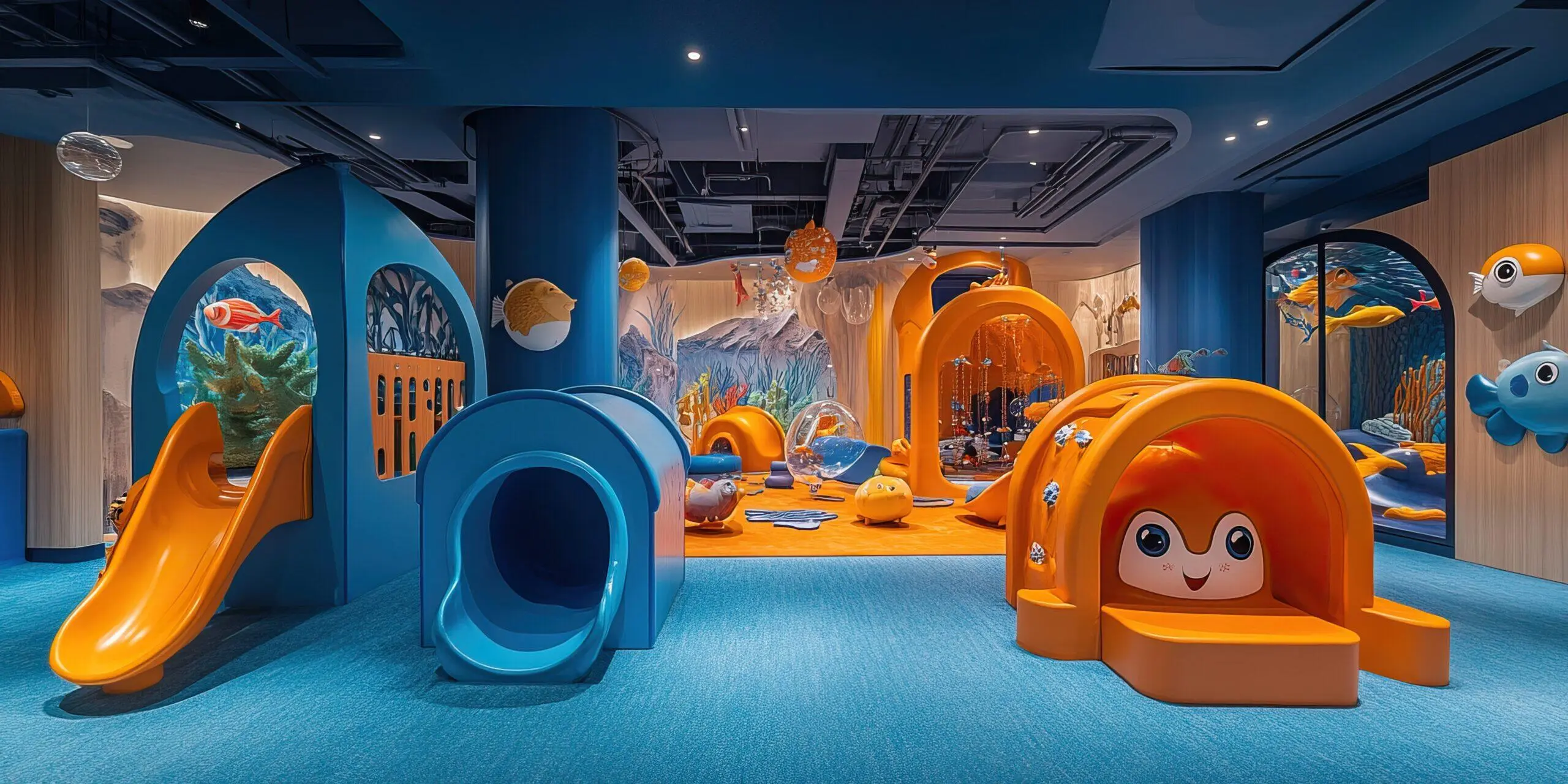 Here are a few options for descriptive ALT text for the image, catering to slightly different levels of detail and focus: **Option 1 (Concise & Informative):** > A vibrant, playful ocean-themed indoor playground in Qatar, featuring a large blue wave slide and colorful underwater decorations. **Option 2 (More Descriptive & Evocative):** > An expansive and imaginative ocean-themed indoor play area in Qatar, showcasing a thrilling blue wave slide as the centerpiece, surrounded by playful marine life decorations and soft, child-friendly flooring. **Option 3 (Focus on Design Elements):** > Interior design of a modern, ocean-themed children's playground in Qatar, highlighting a prominent blue wave slide, whimsical coral and fish motifs, and a safe, engaging play environment. **Option 4 (Short & Sweet, if space is limited):** > Ocean-themed indoor playground in Qatar with a blue wave slide. **Why these are good:** * **Keywords:** They include "ocean-themed," "indoor playground," and "Qatar" which are relevant to the post's topic. * **Visual Description:** They describe the key visual elements like the "blue wave slide," "underwater decorations," "marine life," and "coral and fish motifs." * **Tone:** They convey the "playful" and "vibrant" nature of the space. * **Context:** They place the image within the context of the post ("in Qatar"). * **Accessibility:** They provide a clear understanding of the image's content for users who cannot see it. **When choosing, consider:** * **The primary focus of the image:** Is the slide the most striking element? Or is it the overall atmosphere? * **The overall length of your ALT text:** Shorter is sometimes better if the image is more of a supporting element. I would lean towards **Option 2** or **Option 3** as they provide a good balance of detail and descriptive language.